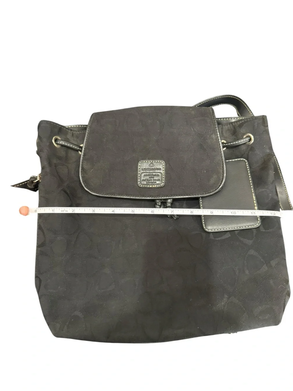 Liz Claiborne Black Logo-Pattern Drawstring Flap Backpack with ID Tag